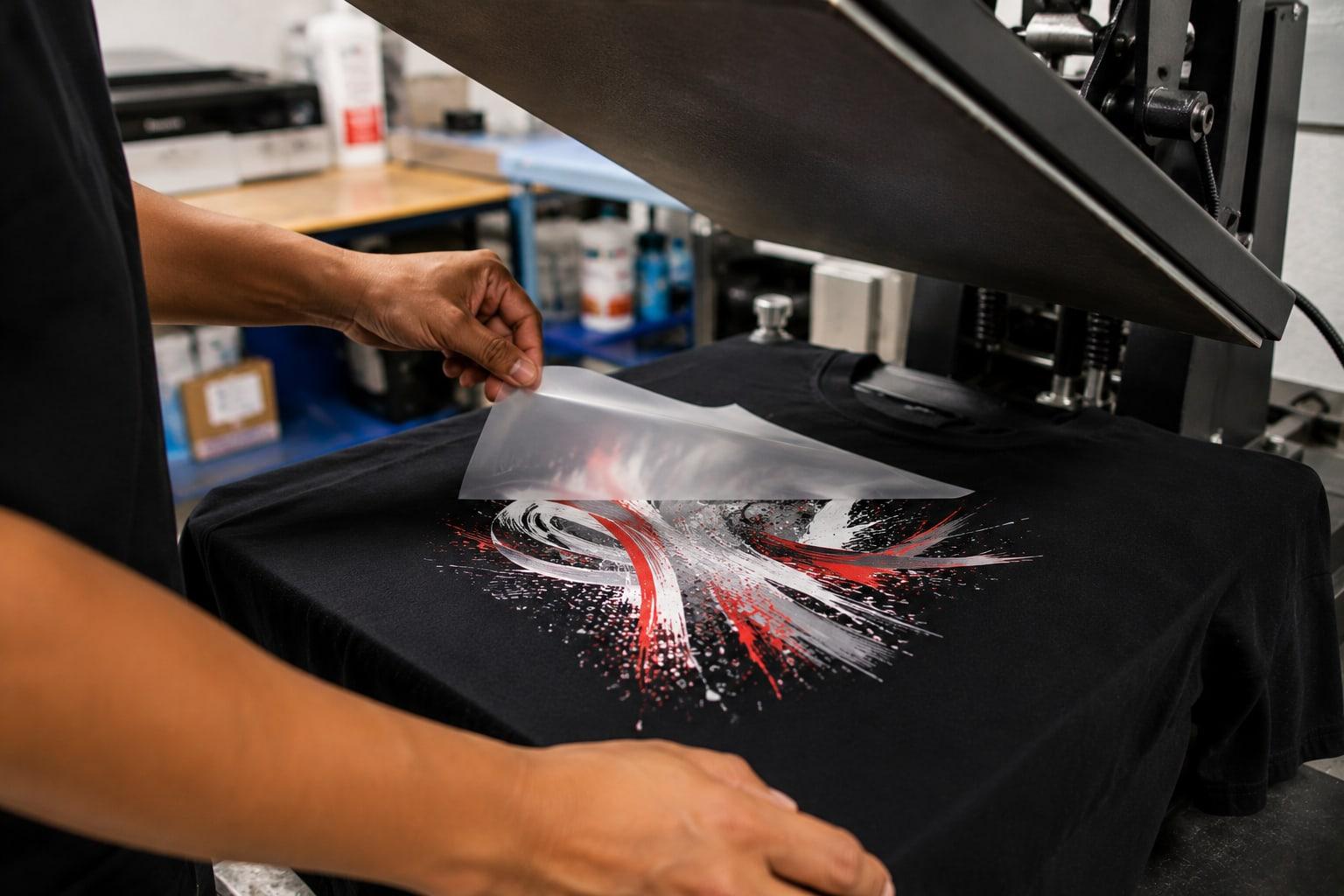 Full-color custom design being applied to a black shirt with a heat press